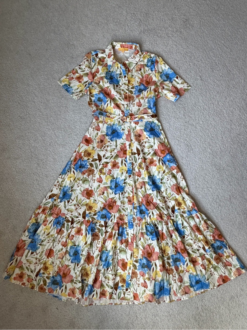 Floral Button-Front Maxi Dress in Blue, Rust & Yellow on Cream.  NWT